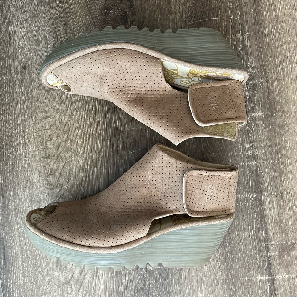 Fly London Beige Peep-Toe Wedges - Picture 2 of 4